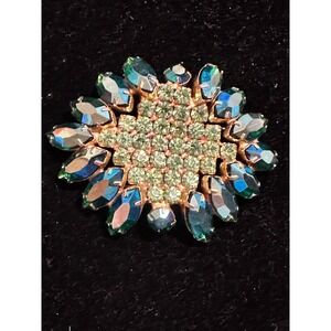 Vintage Rhinestone Brooch Peacock Blue & Peridot Green